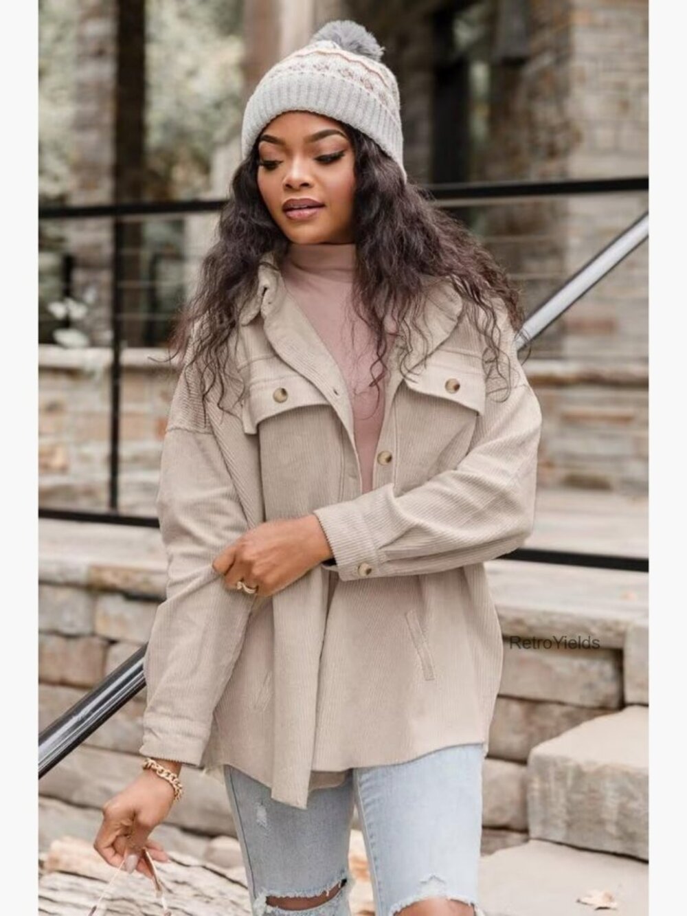 Womens Corduroy Shacket Button Down Long Sleeve Oversized Jacket Coat Casual - Picture 3 of 7